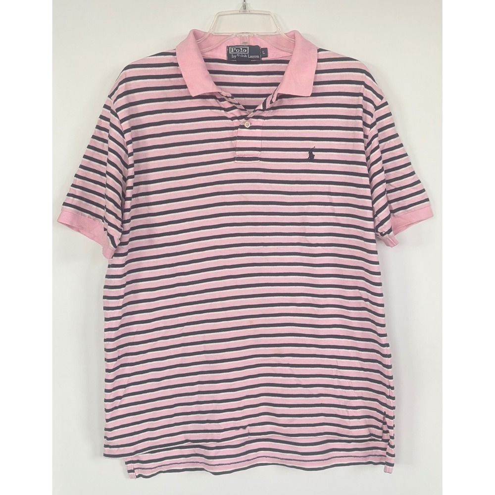 Polo Ralph Lauren Men L Pink Navy Blue Striped Short Sleeve Polo Shirt Cotton